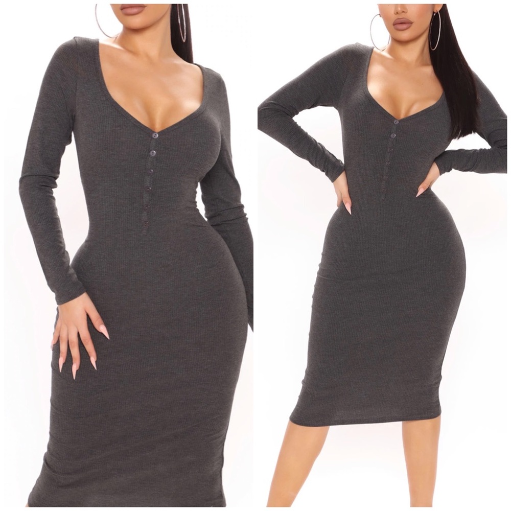 Buttons ribbed midi dress
